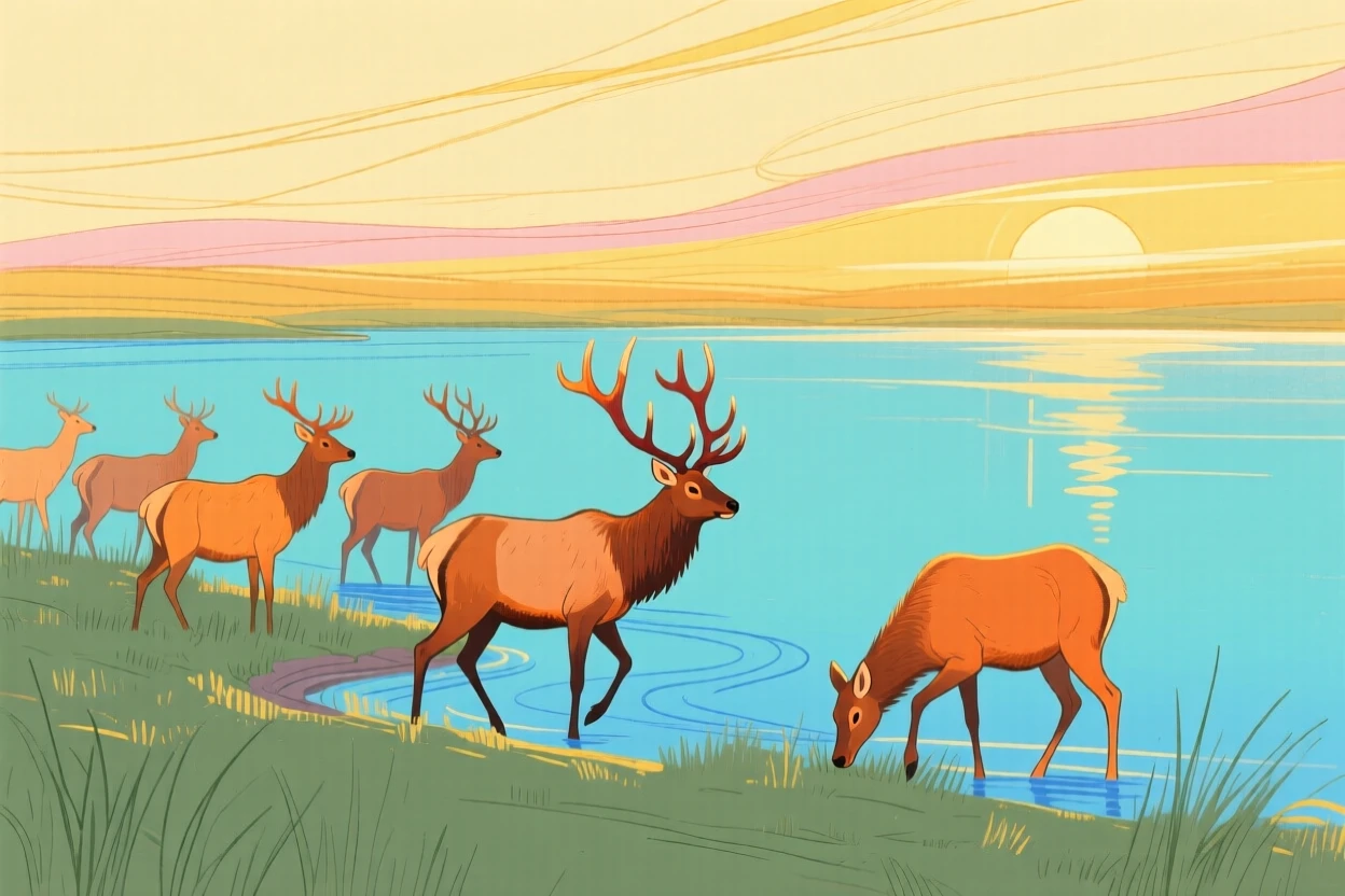 A herd of elk exploring beside a still lake during golden hour.