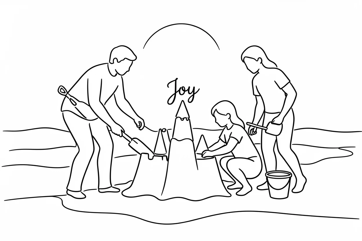 A family building a sandcastle together on a sunny beach