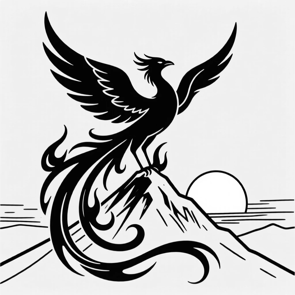A phoenix rising in flames above a mountain peak at dawn.