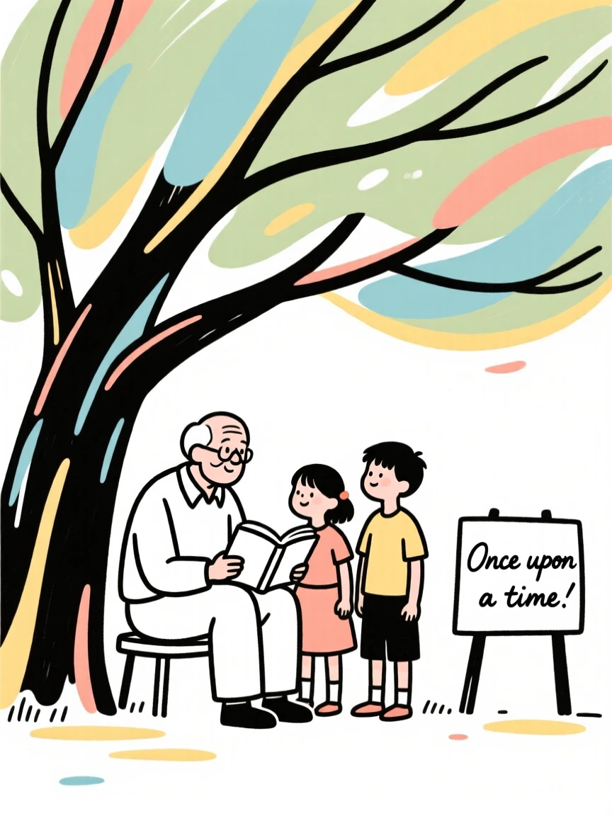 A grandfather telling a story to his grandchildren under a shady tree.