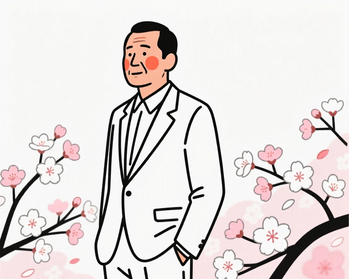 A man in his forties of Thai heritage in a tailored business suit, radiating quiet confidence, in a blooming cherry blossom garden.