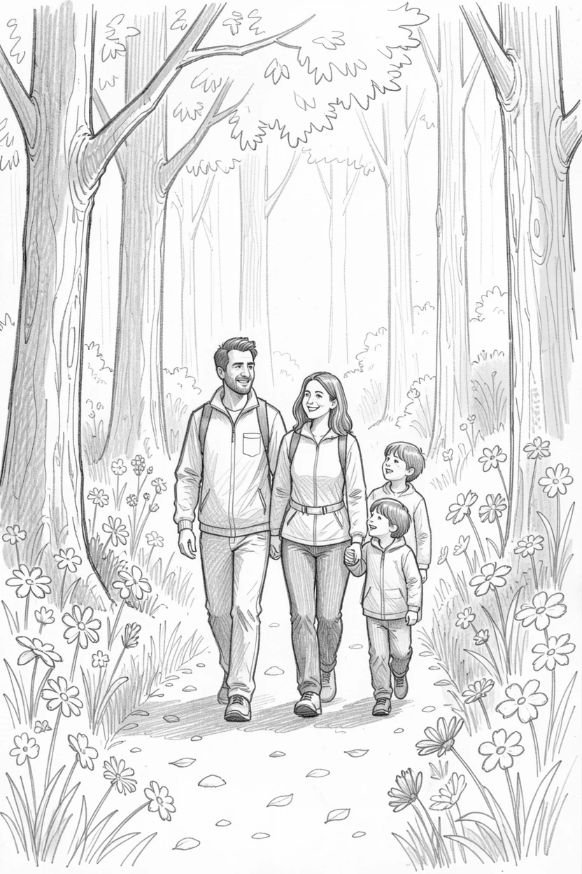 An emotional scene of a family hiking together on a forest trail in a flower-filled garden, glowing with quiet joy.