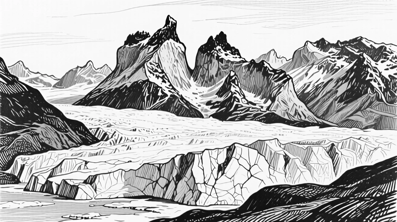 The dramatic glaciers of Patagonia stretching toward jagged mountain peaks.