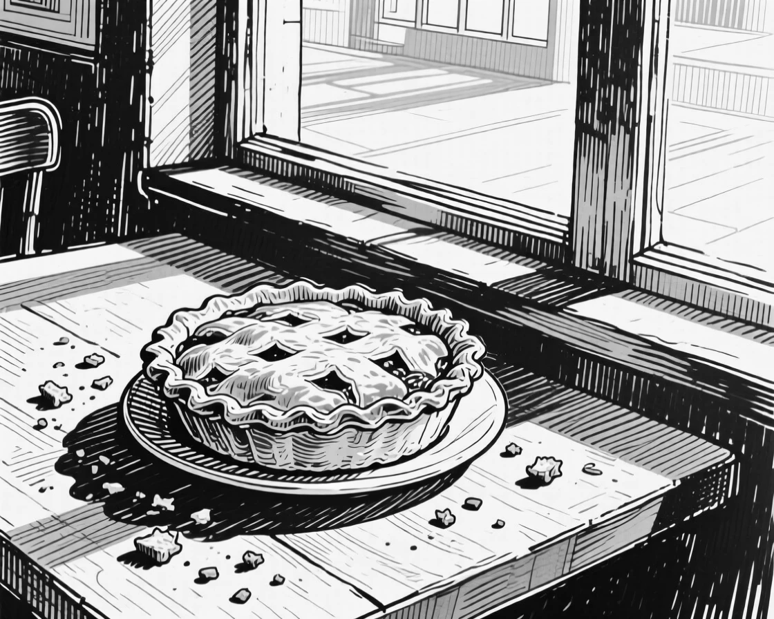 A pie cooling on a windowsill set in a sunlit cafe window, with crumbs scattered across the table, presented in a fresh and vibrant culinary still life.