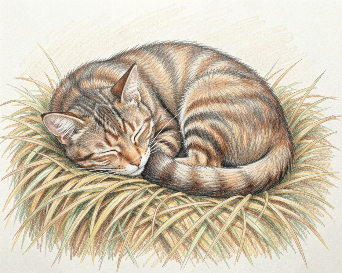 A barn cat curled up asleep on a bale of fresh hay, with delicate details that reward a closer look, evoking nostalgia and a deep sense of contentment.
