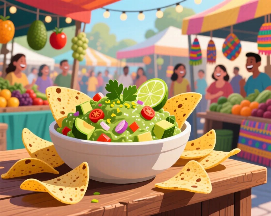 A bowl of fresh guacamole surrounded by crispy tortilla chips, set within a bustling outdoor market stall, captured with a close, mouthwatering focus, with a joyful, celebratory feel.