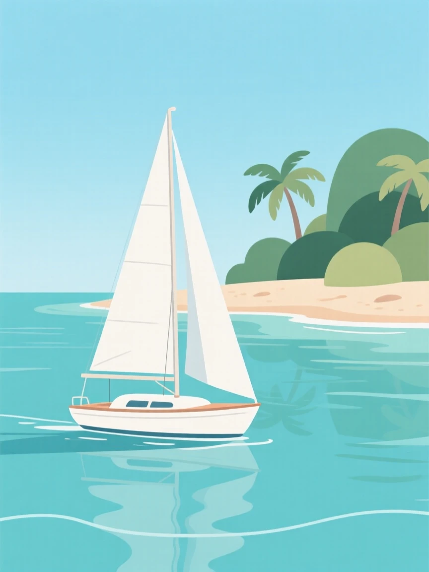 A sailboat drifting across calm turquoise waters near a tropical island.