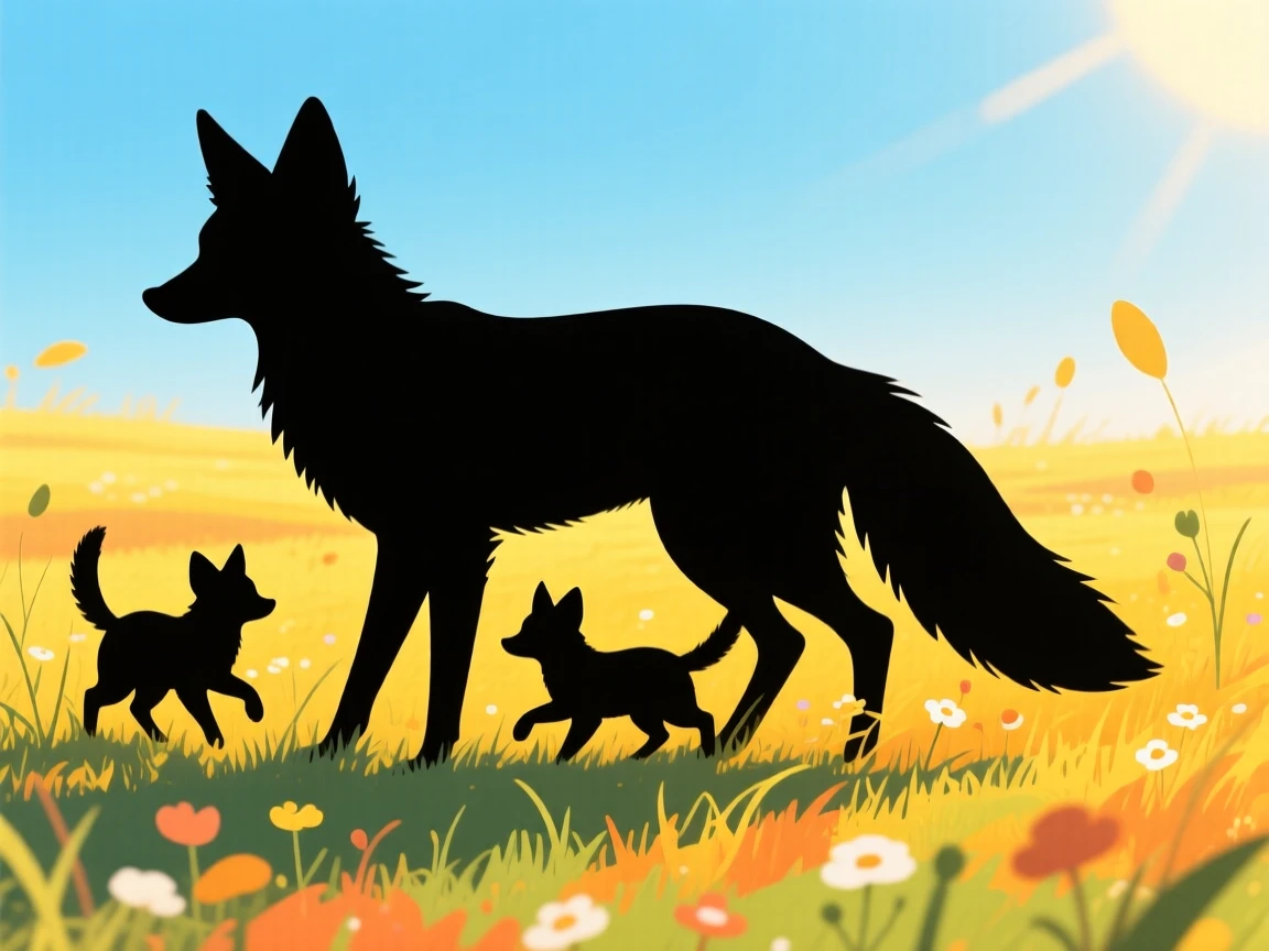 A mother fox teaching her kits to hunt in a sunlit meadow.