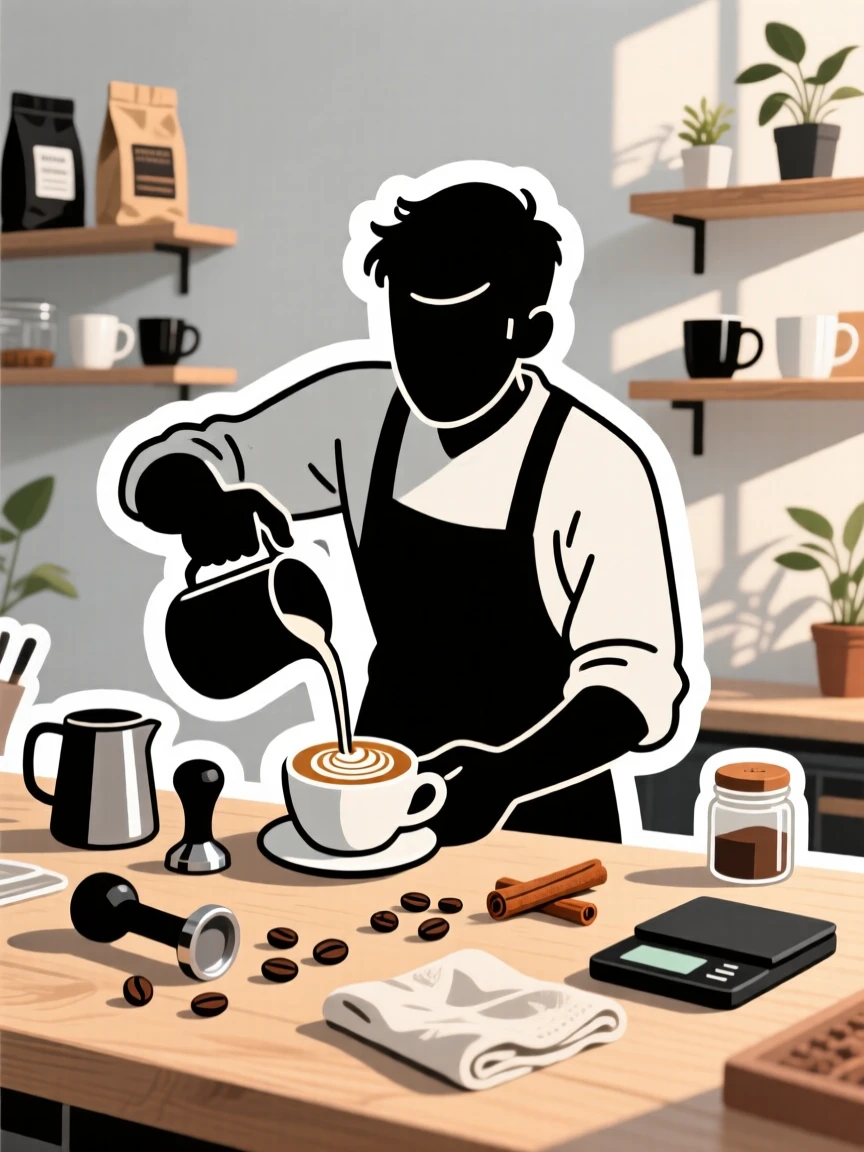 A completely absorbed barista pouring latte art into a cup, with tools and supplies scattered nearby, in a sunlit studio filled with supplies.