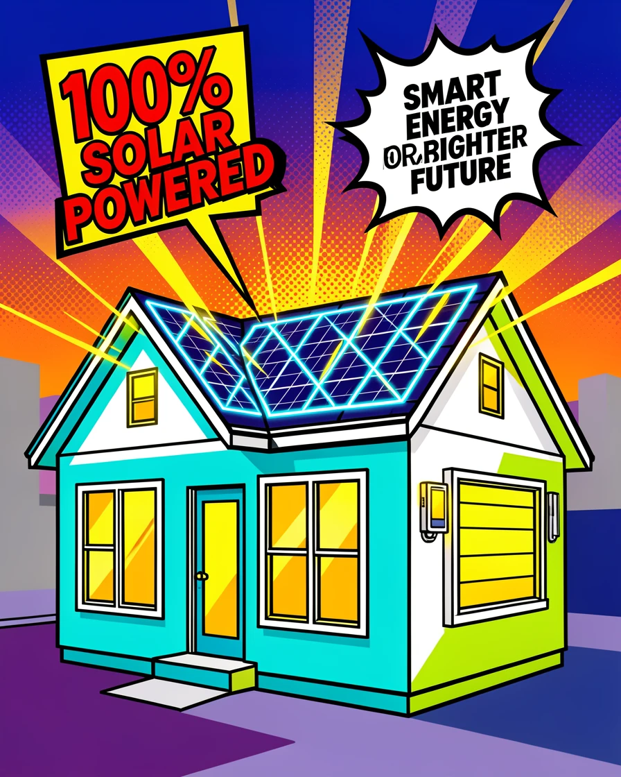 A solar-powered smart home lit at dusk