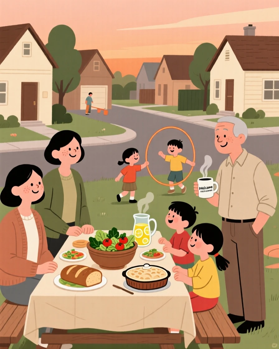 Neighbors gather for a block party in the quiet cul-de-sac, sharing homemade dishes and conversation as children's games fills the warm evening air.