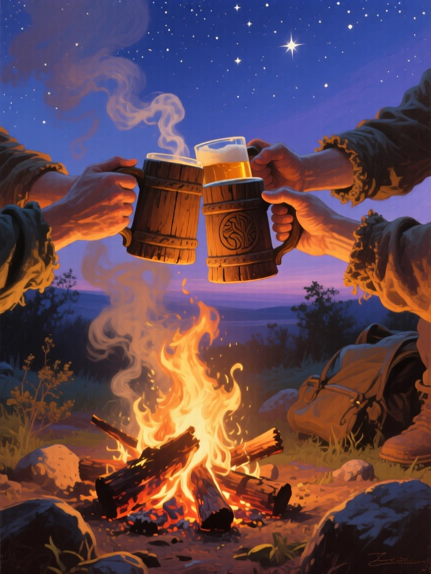 A tightly framed close-up of friends toasting with mugs of cider around a crackling campfire, at dusk, under a canopy of stars.