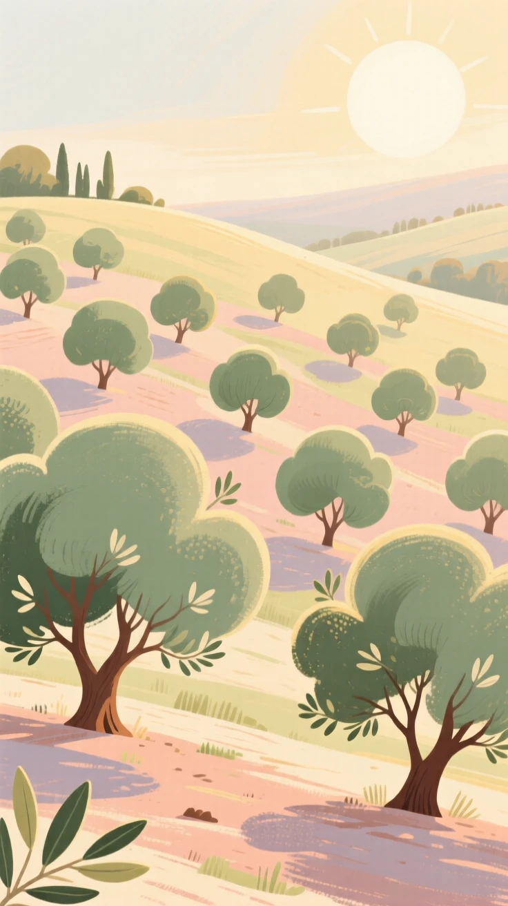 A sun-drenched olive grove stretching across a rolling hillside