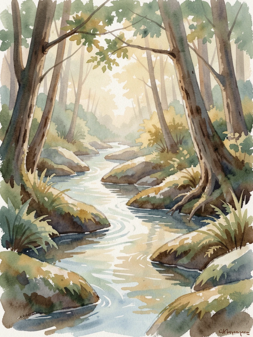 A gentle stream flowing through a peaceful forest clearing evoking a deep sense of calm.