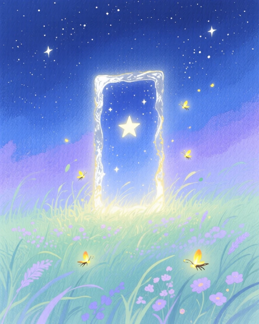 A dreamlike scene of a starlit portal meadow, where fireflies drift like floating stars, inviting quiet wonder and imagination