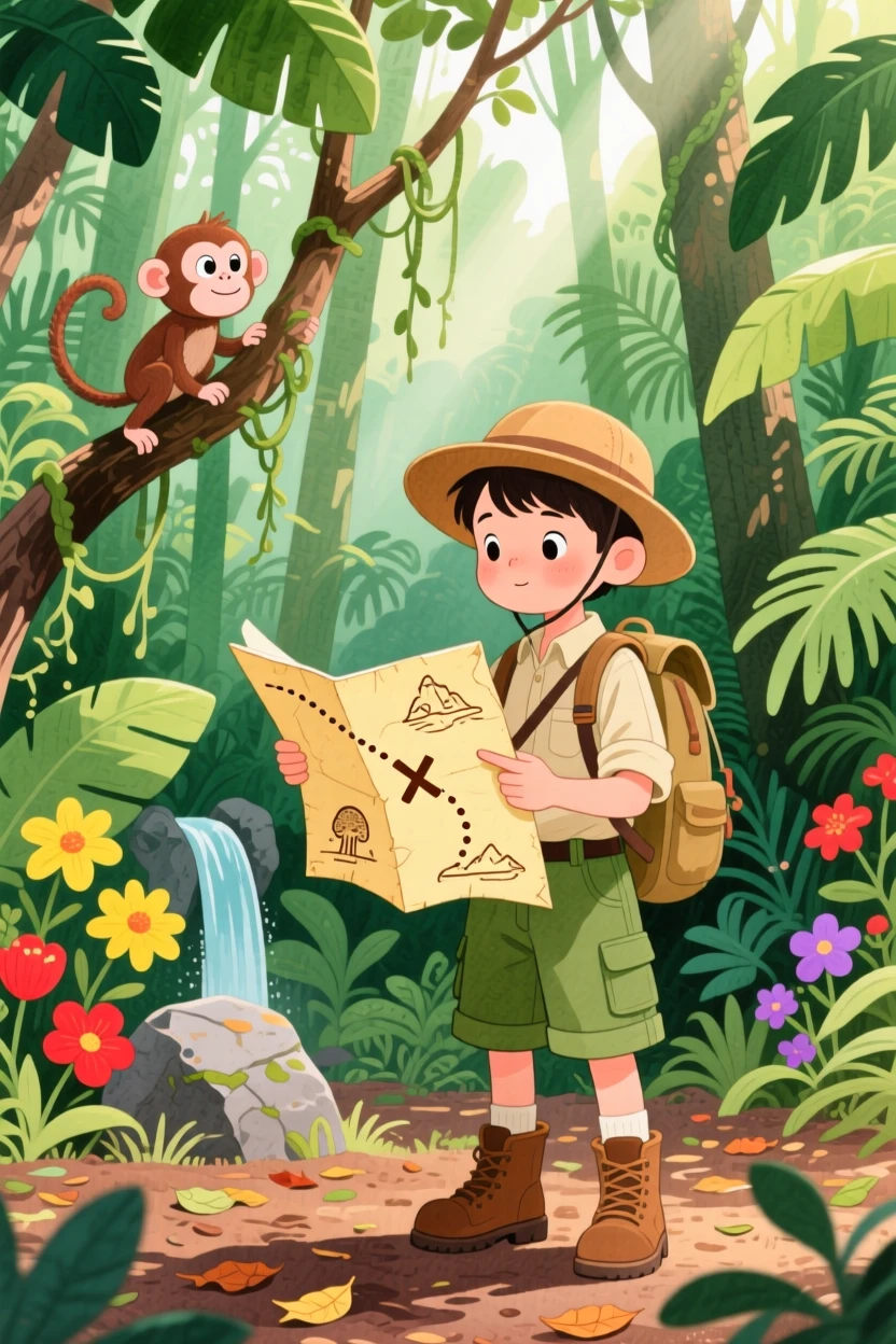 An adventurous scene of a young explorer following an old map through a jungle.