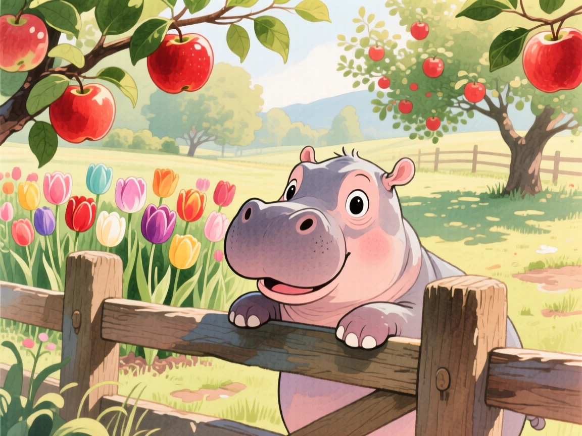 A baby hippo peeking through a fence at a garden full of tulips, set in an orchard heavy with ripe apples, brimming with cozy comfort.