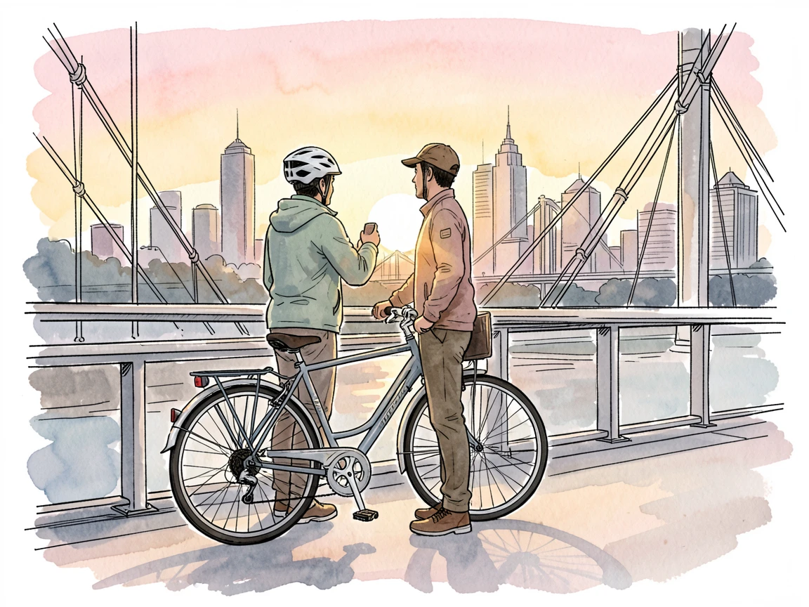 A commuter cyclist pausing to watch the sunrise over a city bridge, a feeling of quiet contentment throughout the moment.