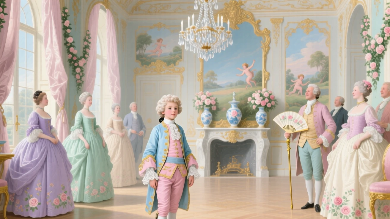 A young heir being introduced to court in a chandelier-lit hall  