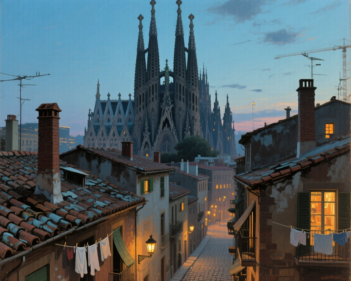 The dramatic spires of Sagrada Familia rising above Barcelona's rooftops, with warm lantern or window light glowing throughout the scene, capturing the timeless beauty and character of a legendary destination