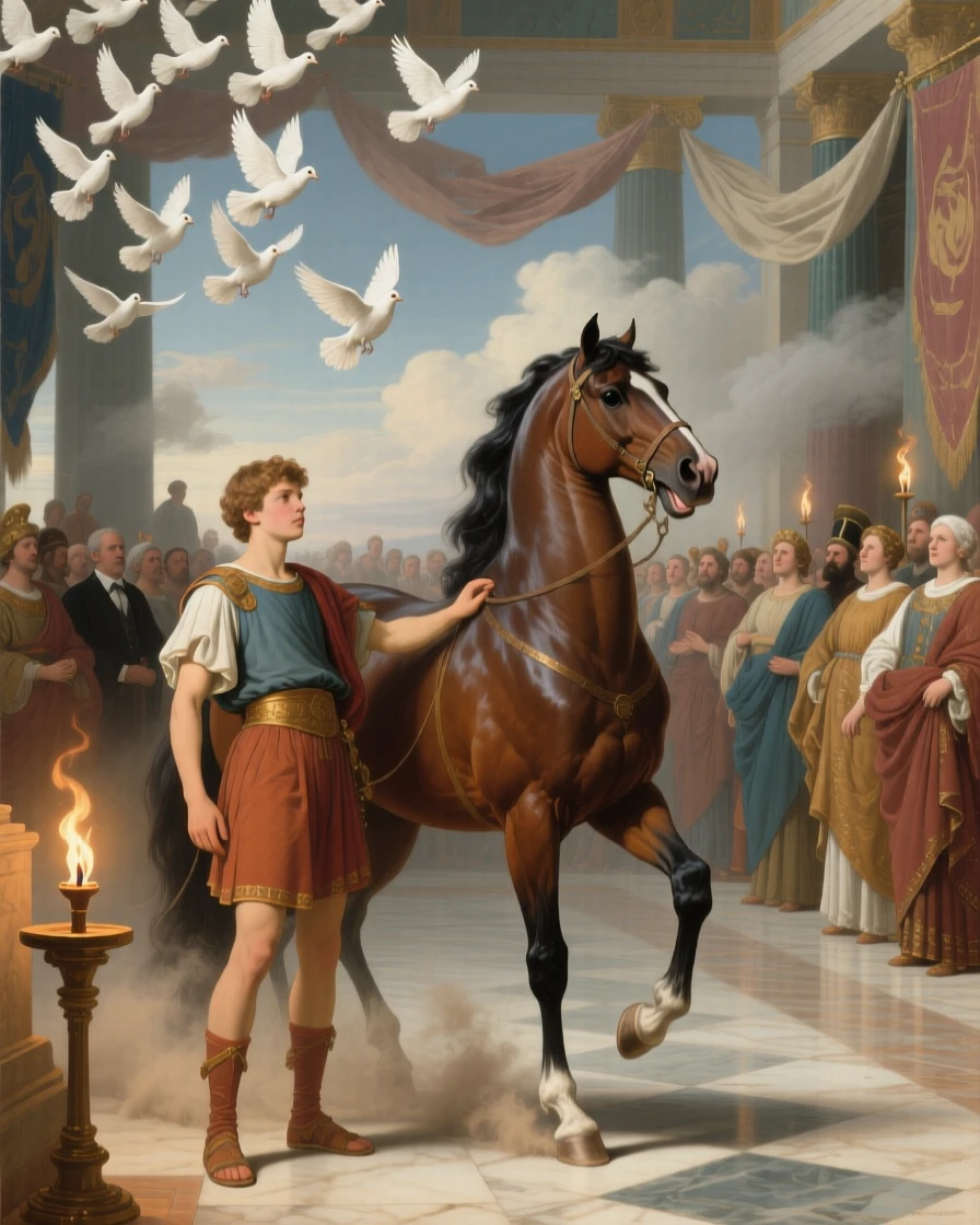 A young Alexander taming the wild stallion Bucephalus before a crowd of nobles amid swirling banners and rising dust, set within a torch-lit palace hall of gleaming stone, with a flock of startled doves scattering into the sky above; the crowd forms a natural frame around the central action, filled with reverence for legend made flesh.