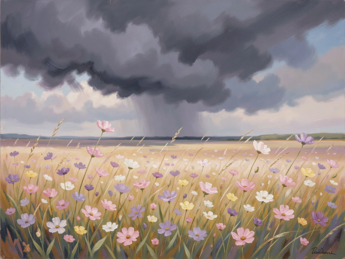 A field of wildflowers bending in the wind beneath an approaching wall of dark storm clouds, conveying a feeling of romance and tranquility.