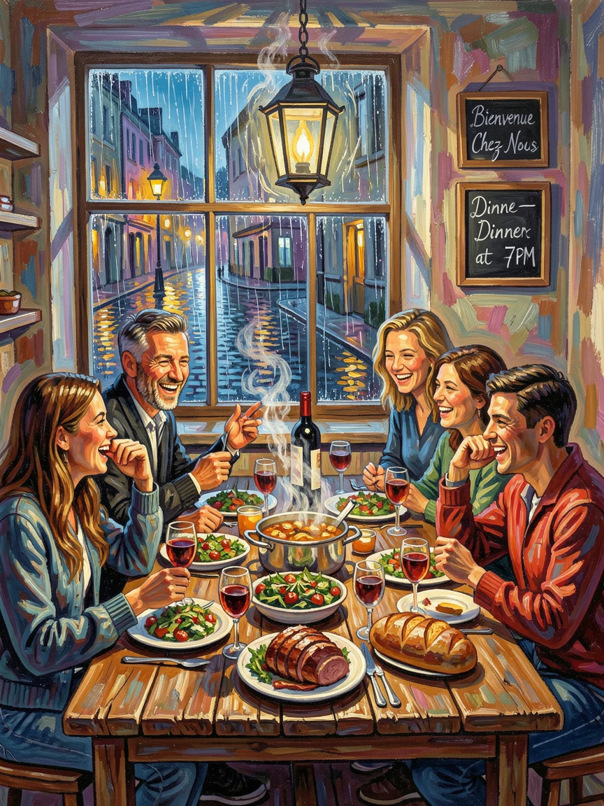 Friends gathered around a table sharing a home-cooked meal on a rainy evening.