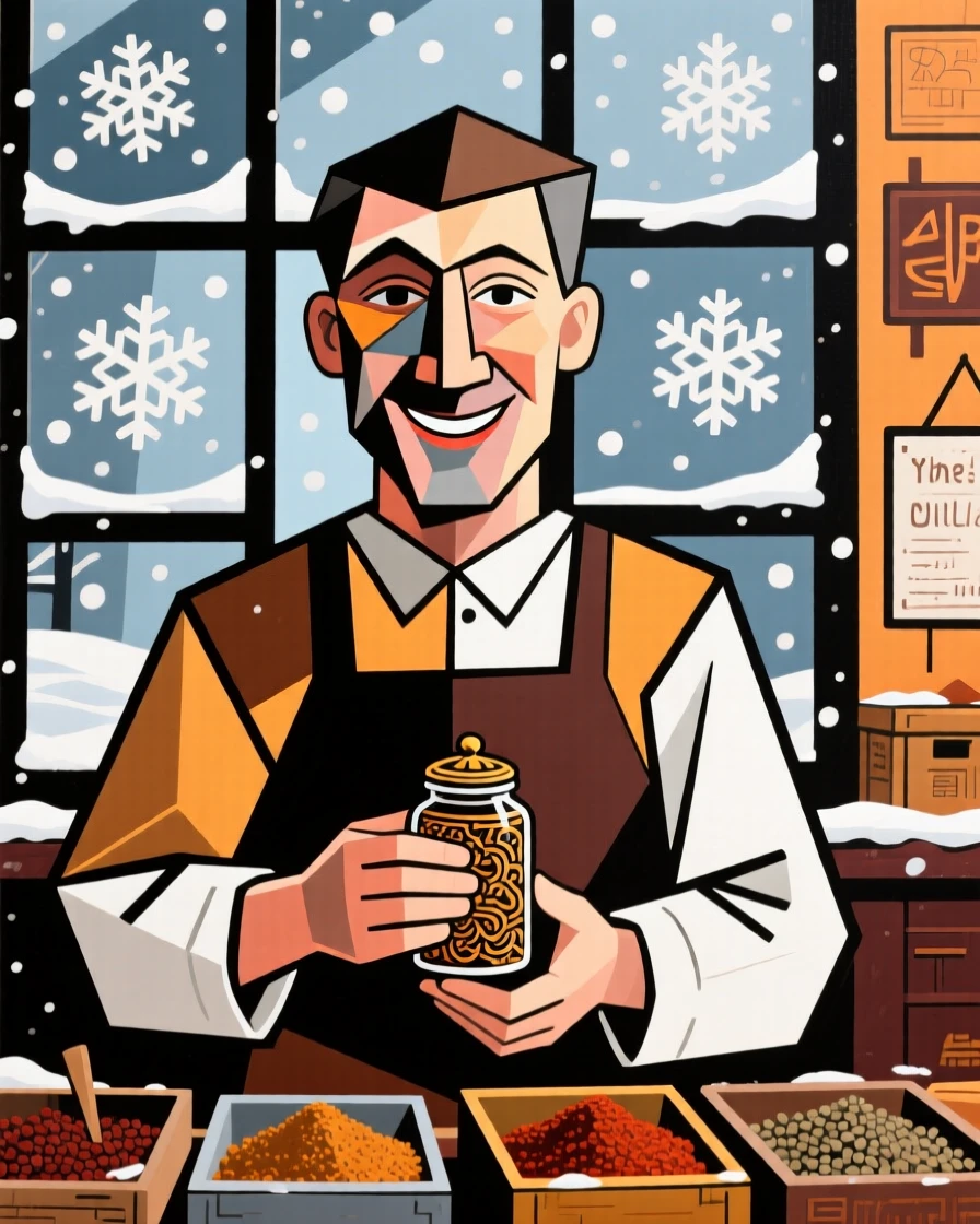 A candid medium shot of a spice trader smiling gently while snow falls softly outside the window.