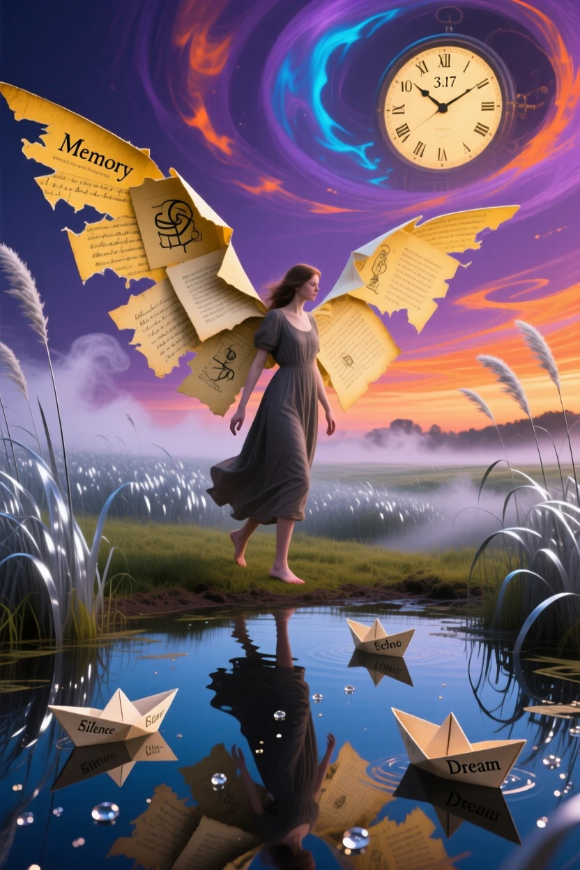 A woman with wings made of torn book pages walks slowly through a field of tall silver grass, as the ground beneath them slowly turns to still water.