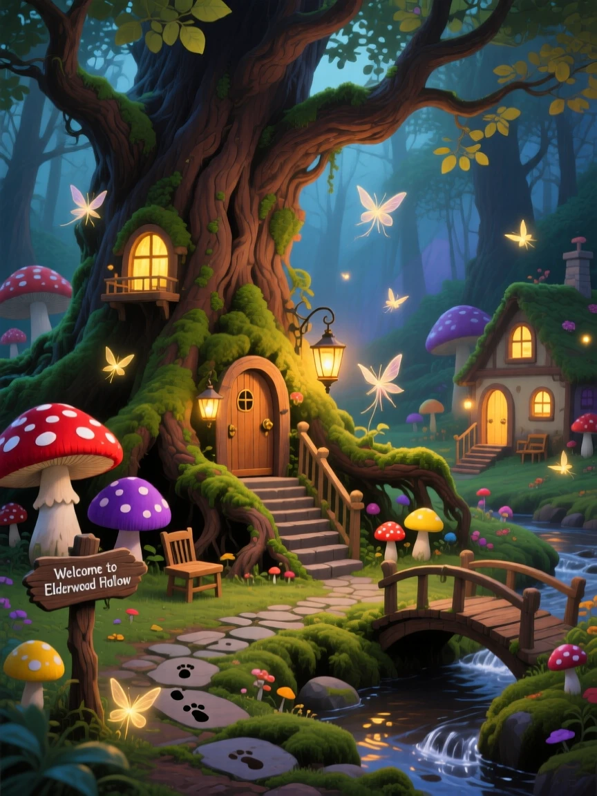 A fairy village nestles among mushrooms and moss-covered roots at the base of an ancient oak, tiny glowing lights marking each miniature door, the scale of the scene emphasized by tiny details that suggest an entire hidden world beyond the frame.