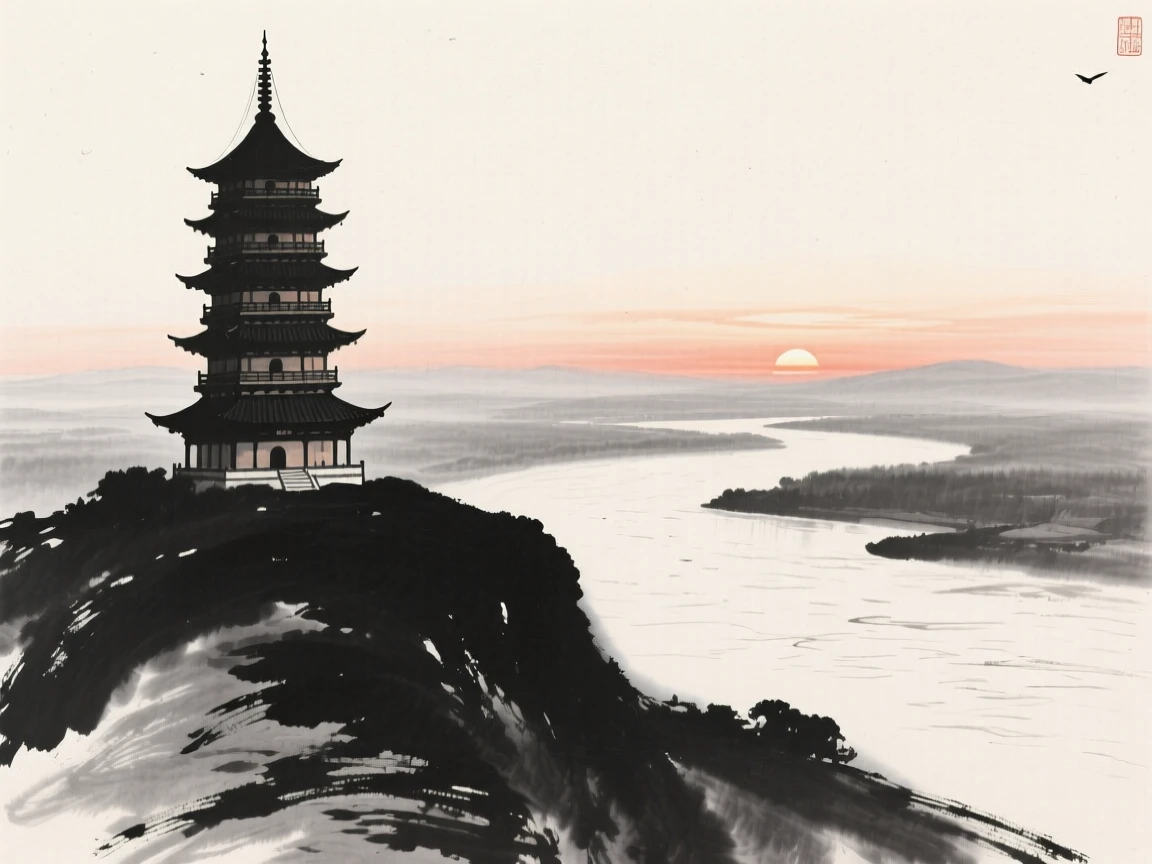 A multi-tiered pagoda overlooks a wide river valley at sunset, as mist settles over the valley below.