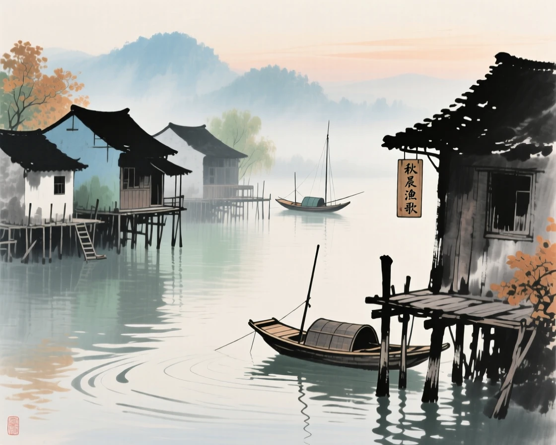 A fishing village of stilted houses along a quiet estuary, at the turn of autumn, suffused with quiet joy, at dawn.