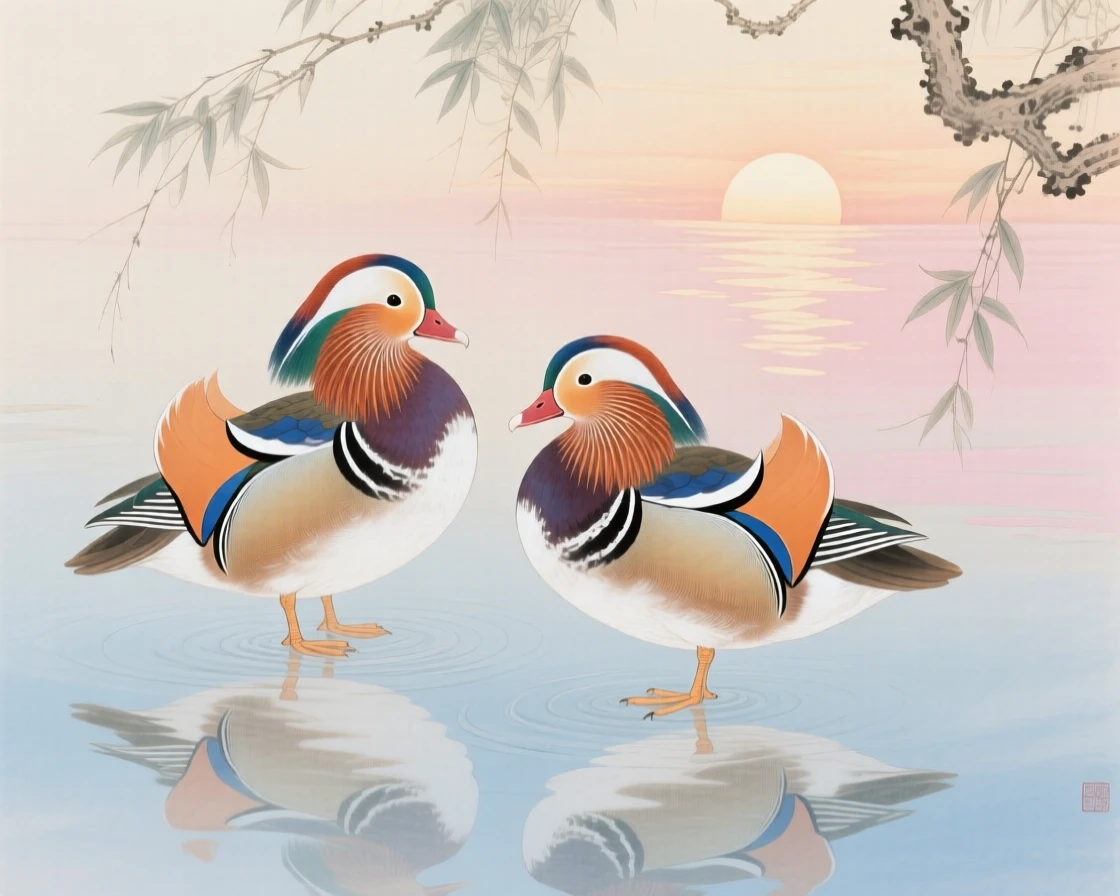A pair of mandarin ducks standing on one leg in shallow water at sunrise, soft morning light filtering through the branches