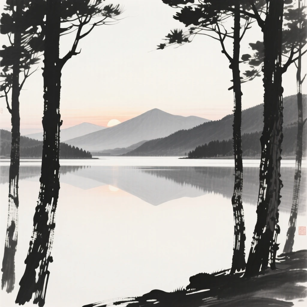 A quiet lake mirroring a ring of distant peaks in the stillness just before sunrise, framed through a gap in the trees, revealing the valley beyond, evoking a deep sense of solitude and quiet grandeur.