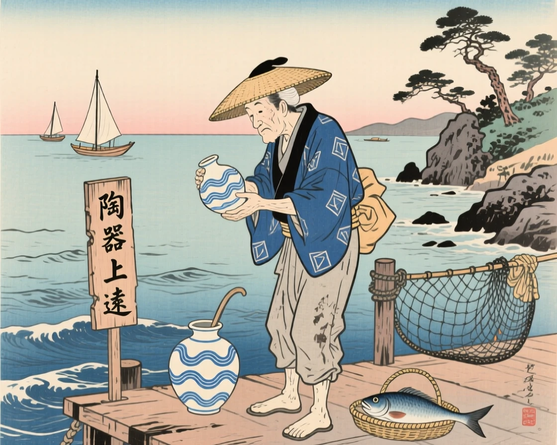 A weathered fisherman inspecting a finished piece of pottery.