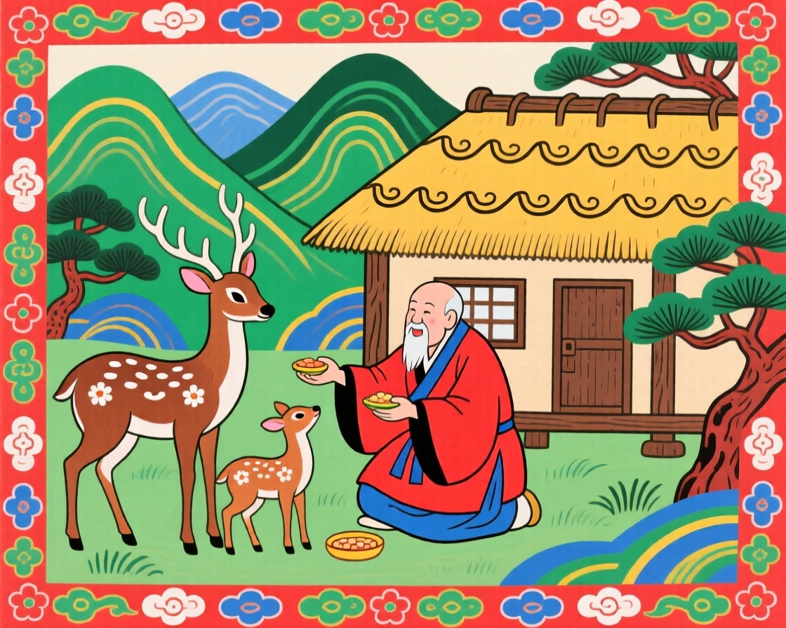 A mountain hermit feeding a family of deer beside his secluded cottage.