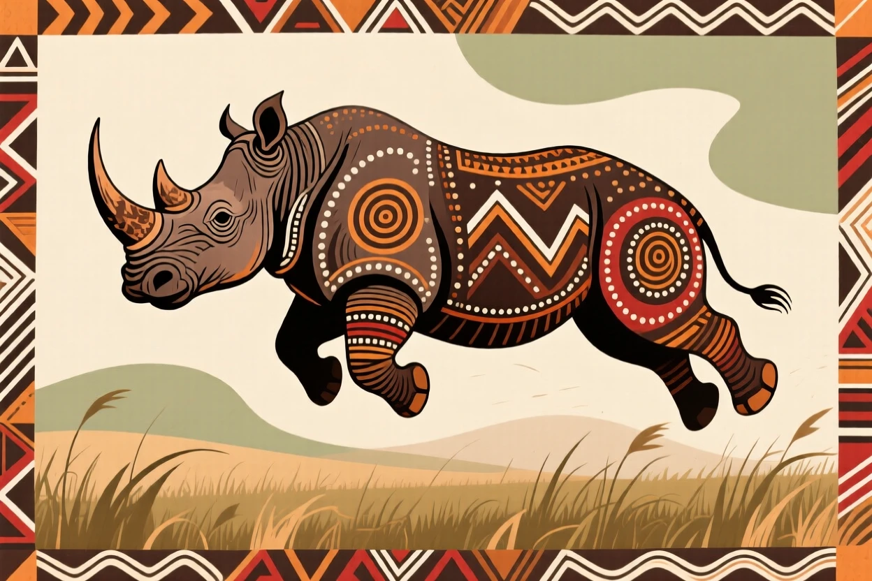 A rhinoceros soaring above the grasslands.