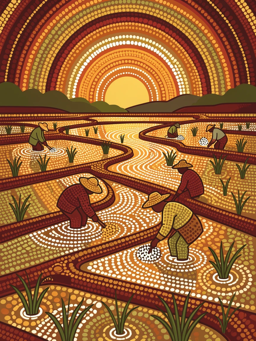 Farmers planting rice in flooded terraces at sunrise