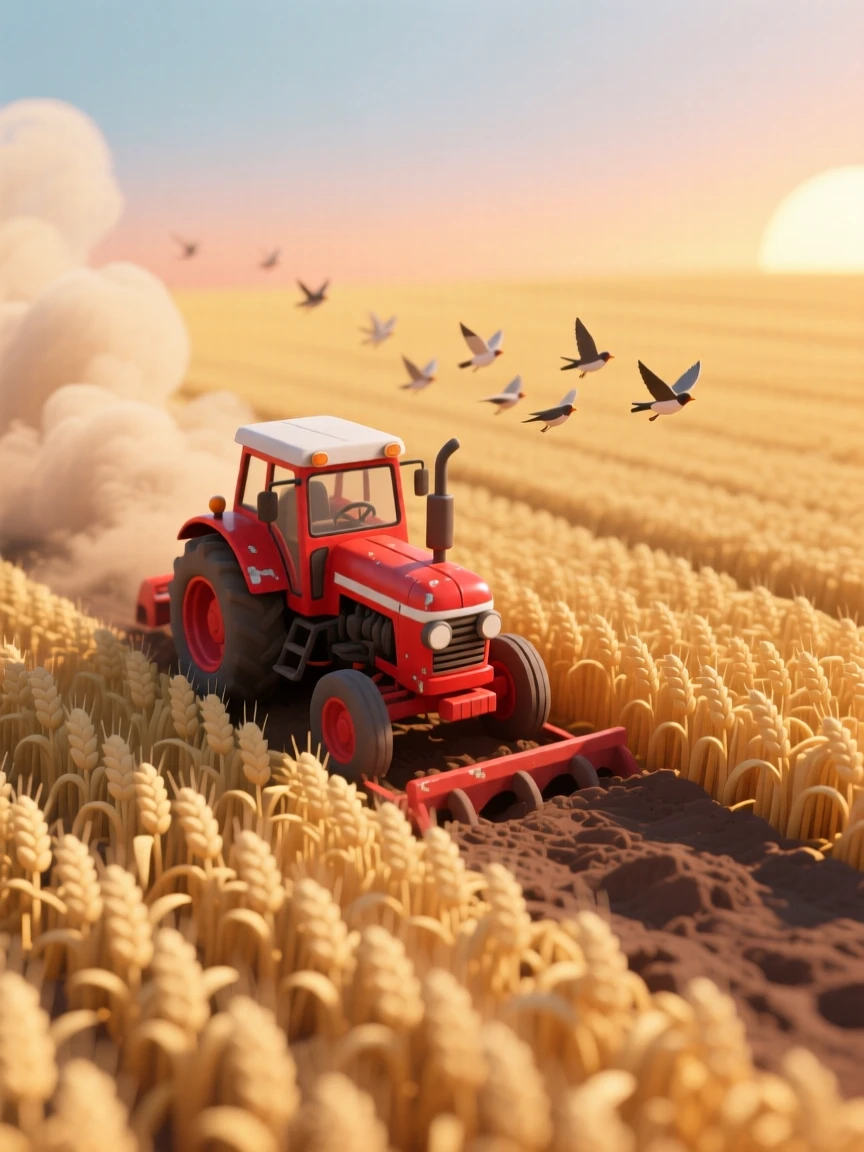 A classic red tractor plowing a golden field at sunset, dust rising gently behind it, and birds following in its wake.