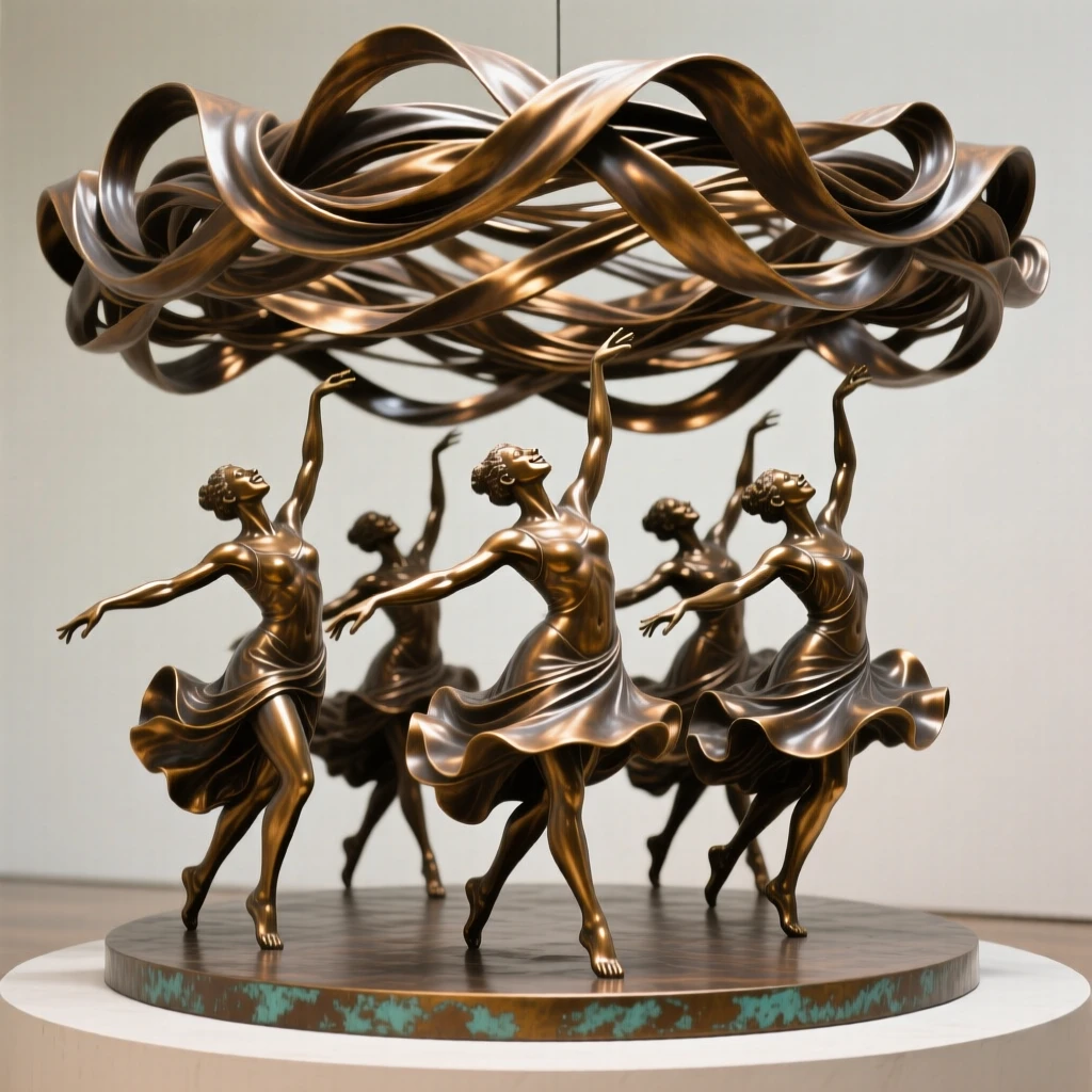 Dancers performing beneath a canopy of colorful silk ribbons, evoking timeless human connection, celebrating shared human joy