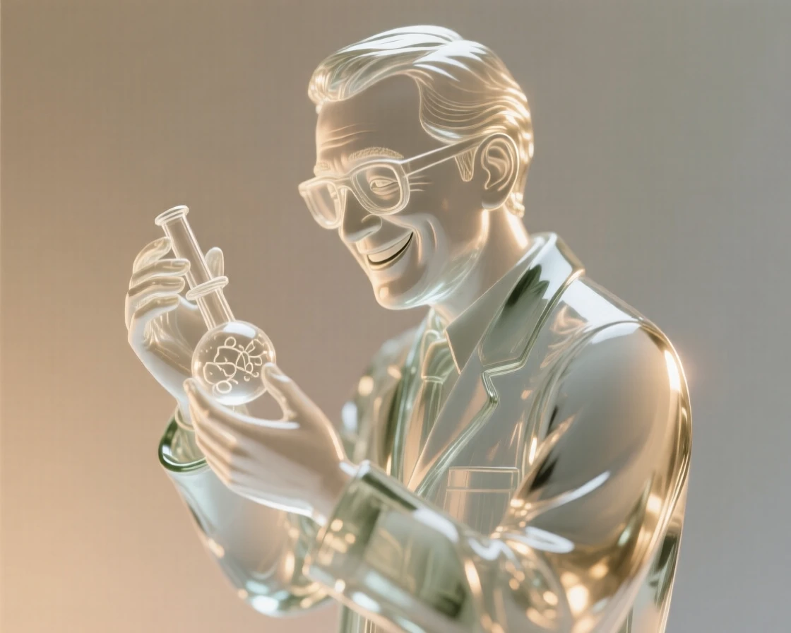 A scientist smiling while examining a discovery, softly lit by warm natural light, shallow depth of field isolating the subject, expression full of genuine emotion.
