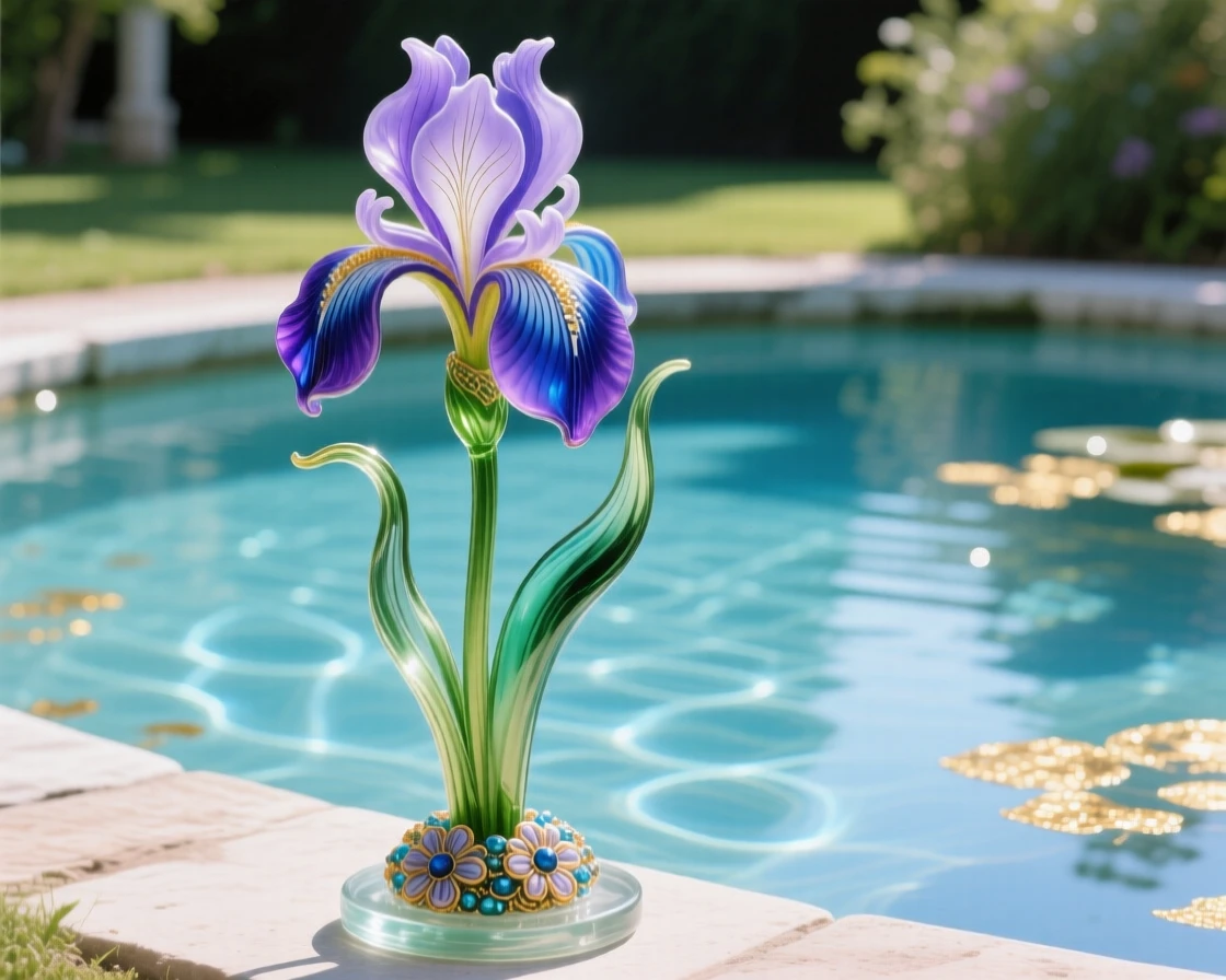 A single iris standing tall beside a still garden pond, elegant and serene.