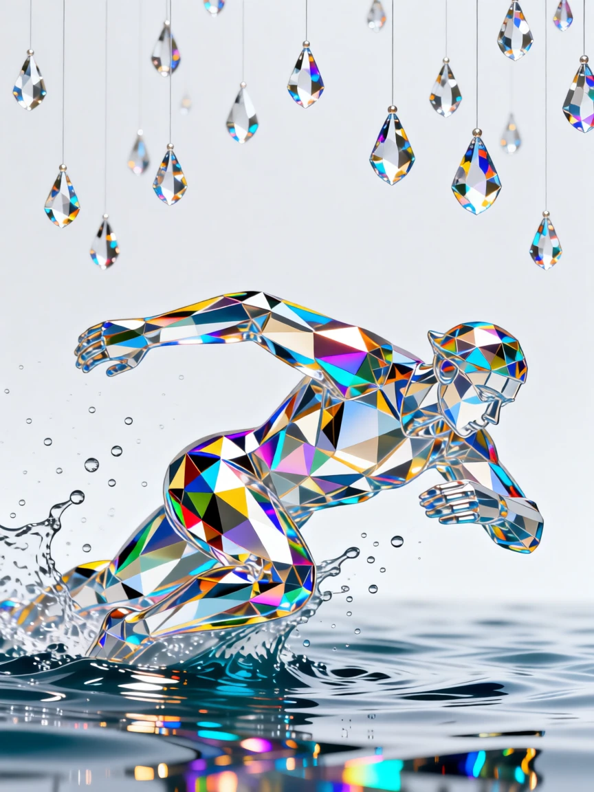 A determined swimmer bursting from the water mid-stroke, droplets suspended in the air.