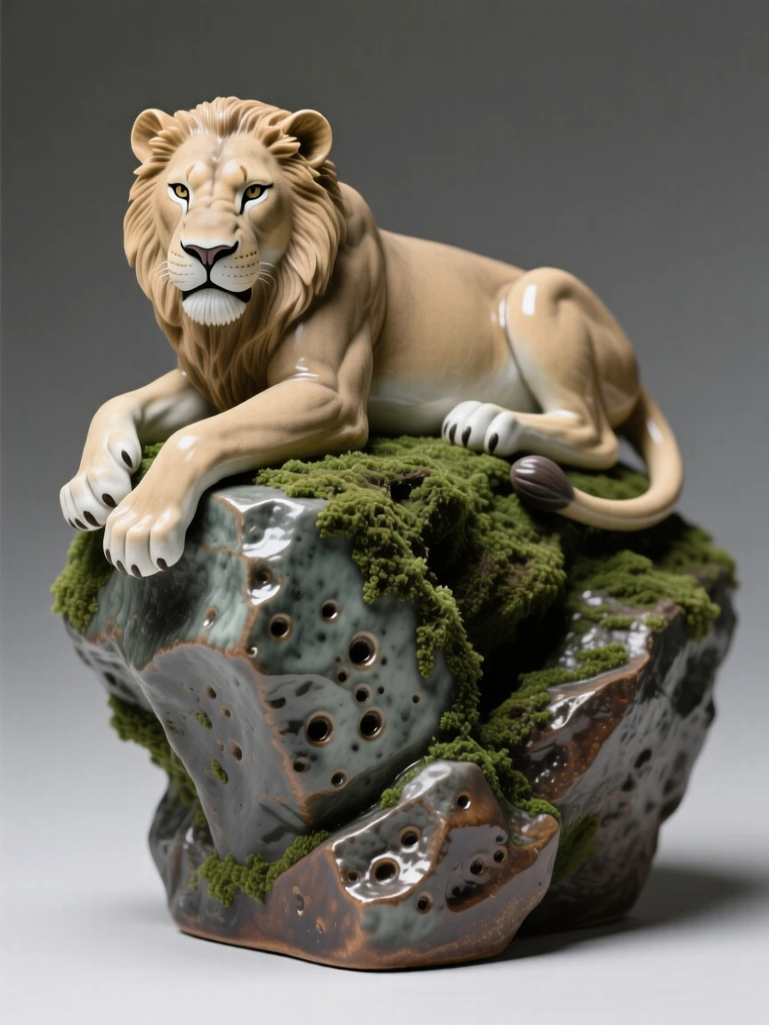A resting lioness perched alertly atop a mossy boulder, with one paw raised mid-step, evoking a quiet sense of wild dignity.