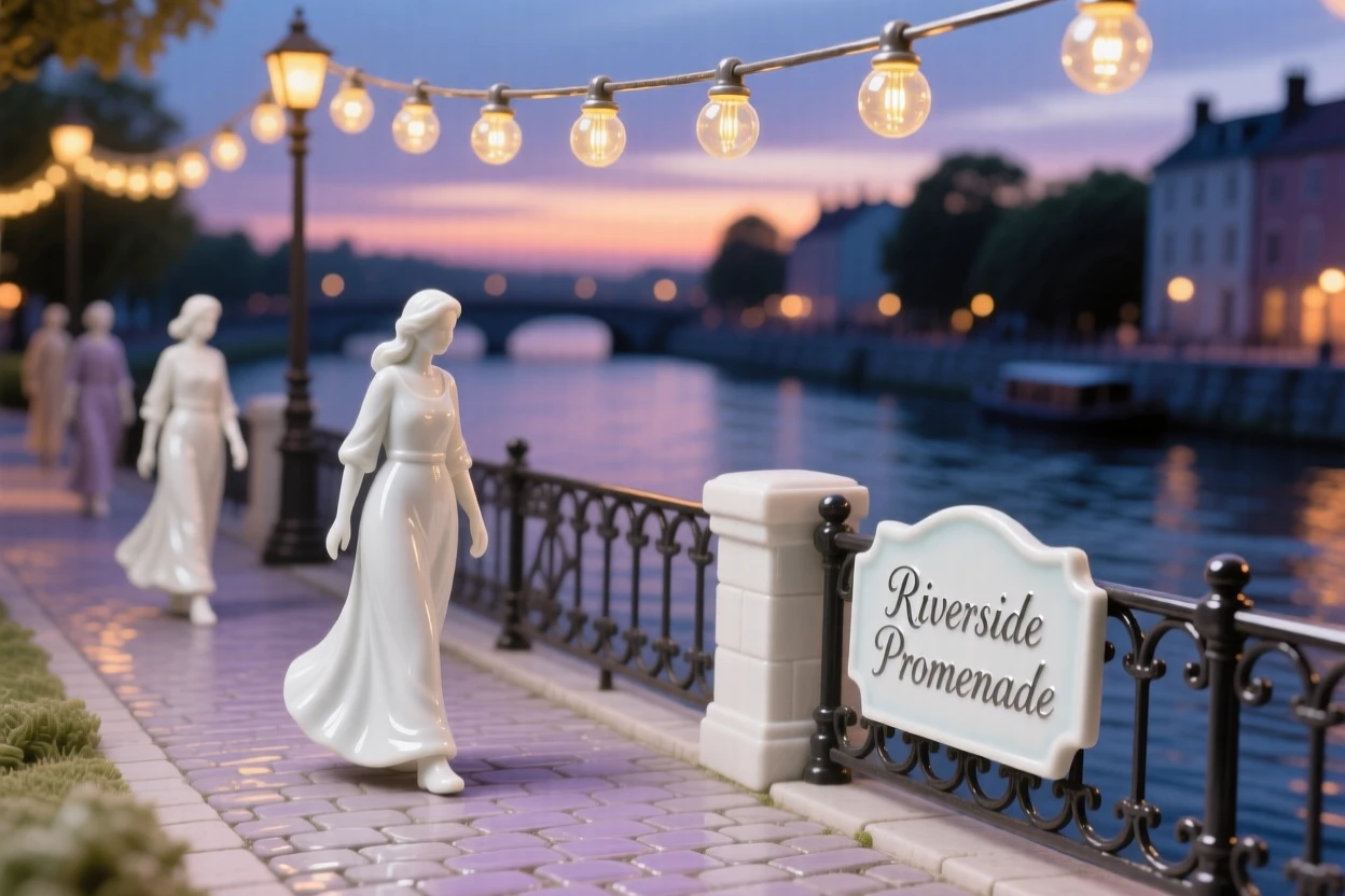 A charming riverside promenade at twilight, string lights glowing overhead.
