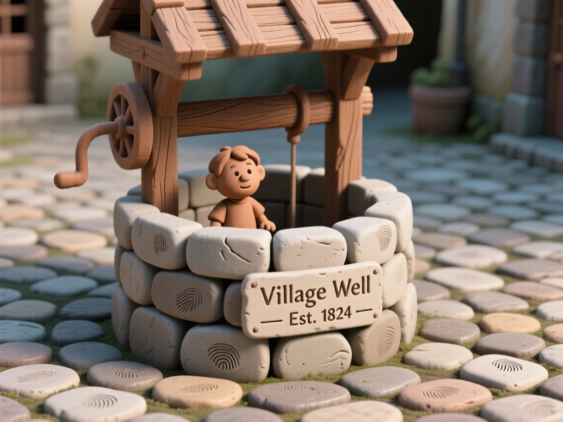 A stone well in the center of a quiet cobblestone courtyard