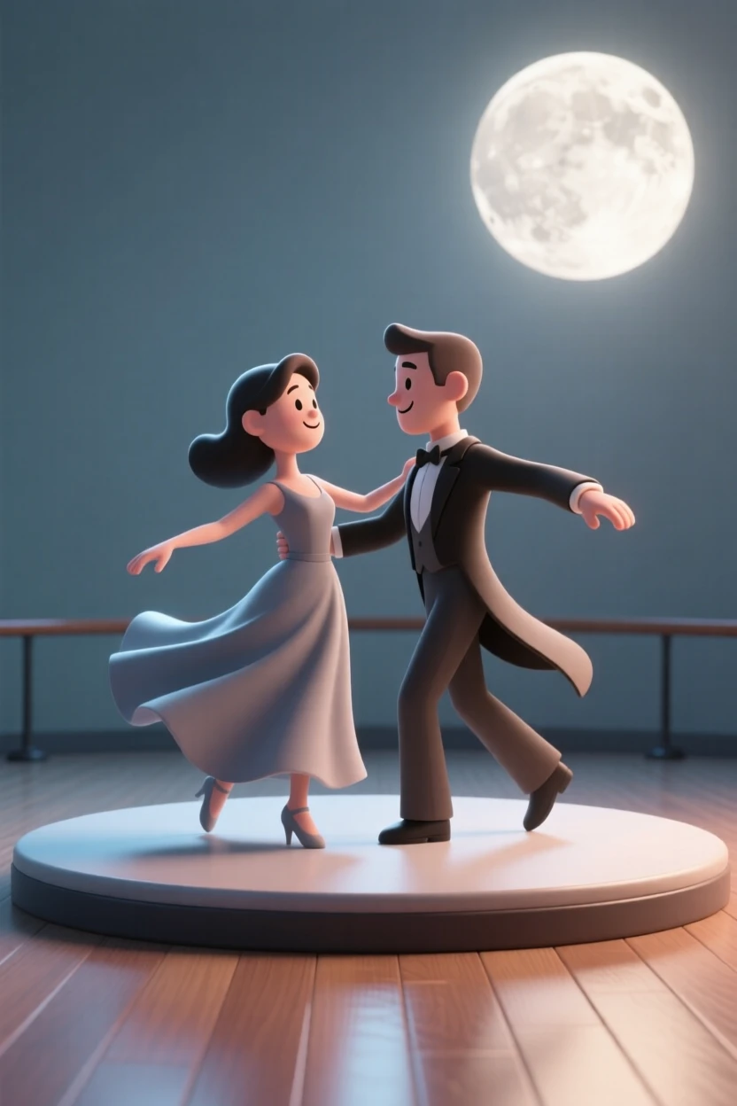 A pair of dancers spin gracefully together across a moonlit ballroom floor, gowns and coattails swirling.