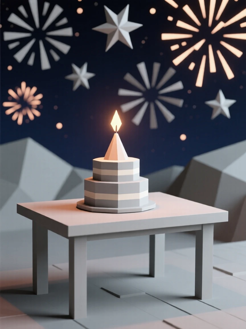 A birthday celebration table with a glowing candle-lit cake, beneath a sky full of fireworks. the composition centers on the main celebratory focal point. The scene feels warm and celebratory.