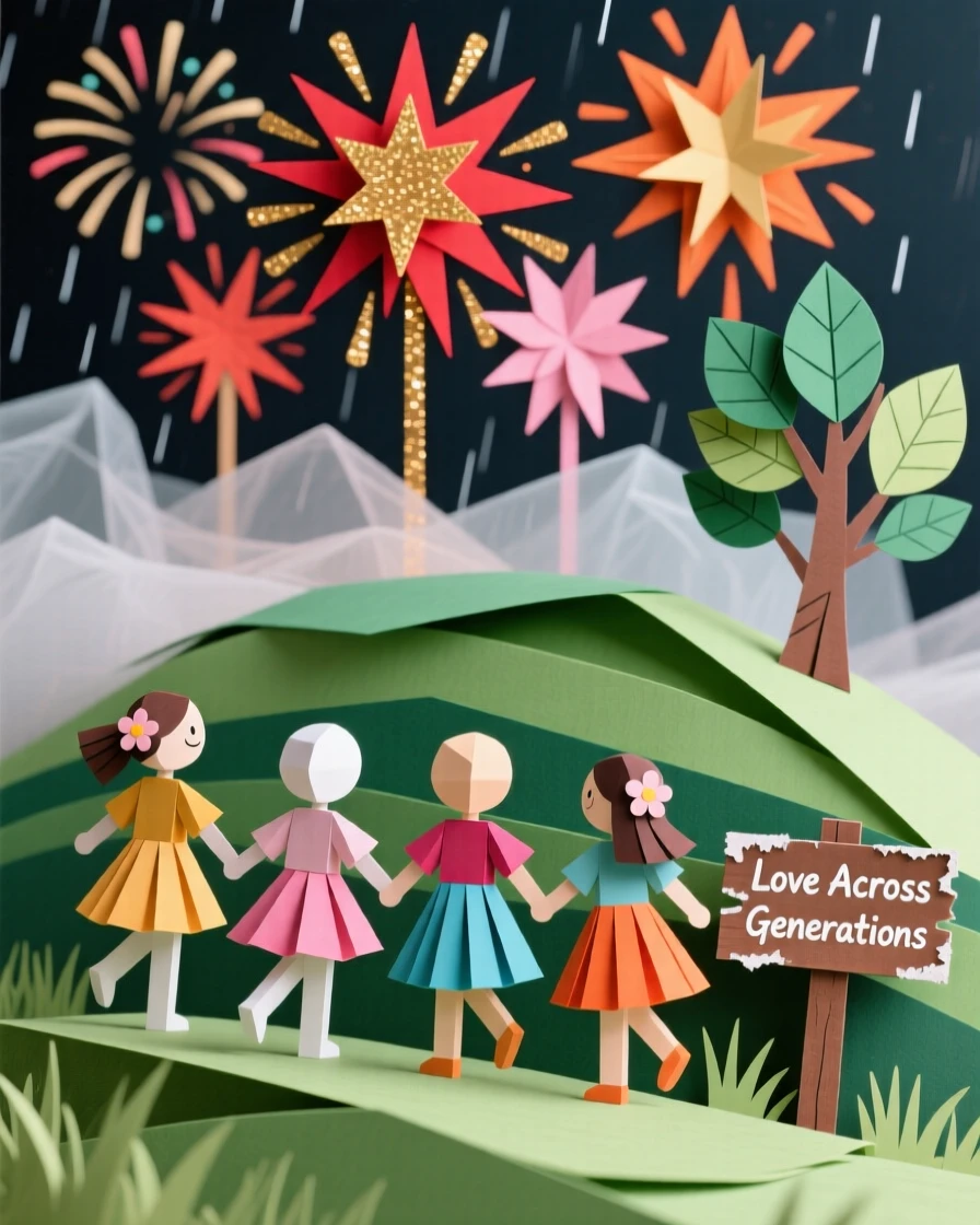A group of dancers watching fireworks from a hillside, with gentle rain misting the air, evoking love across generations.