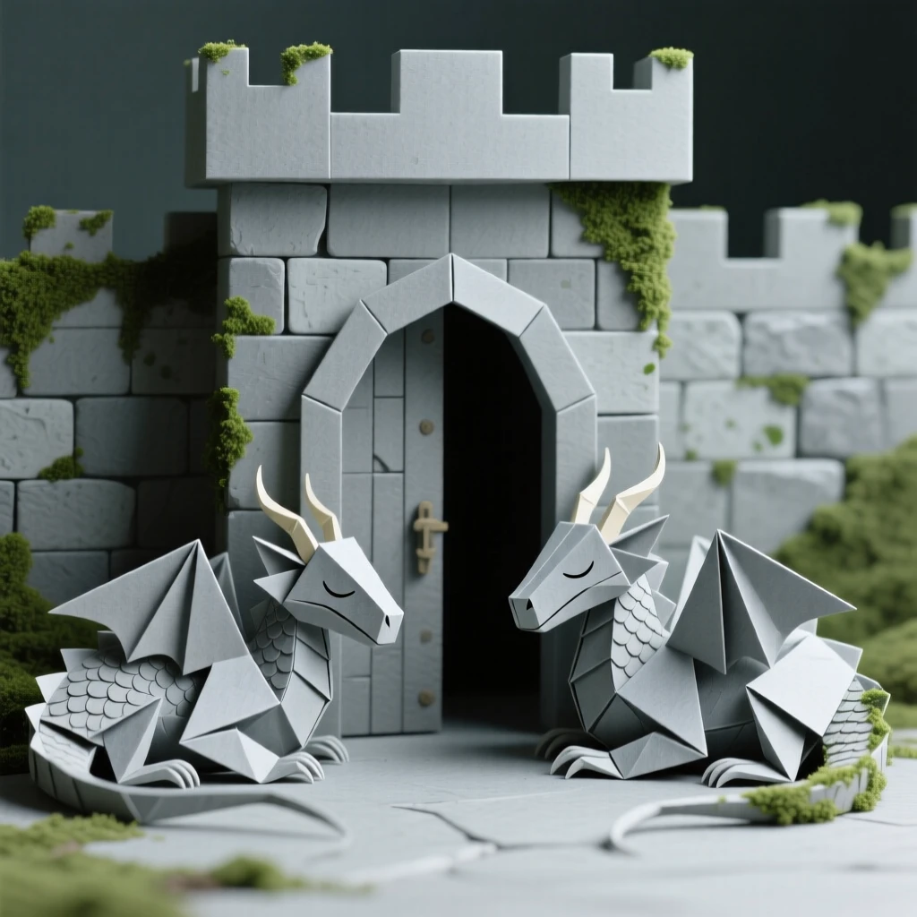 A castle gate guarded by two sleeping stone dragons covered in soft moss.